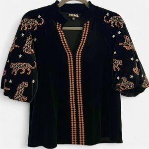 THML Velvet Puff Sleeve Top with Embroidered Leopards + Stars